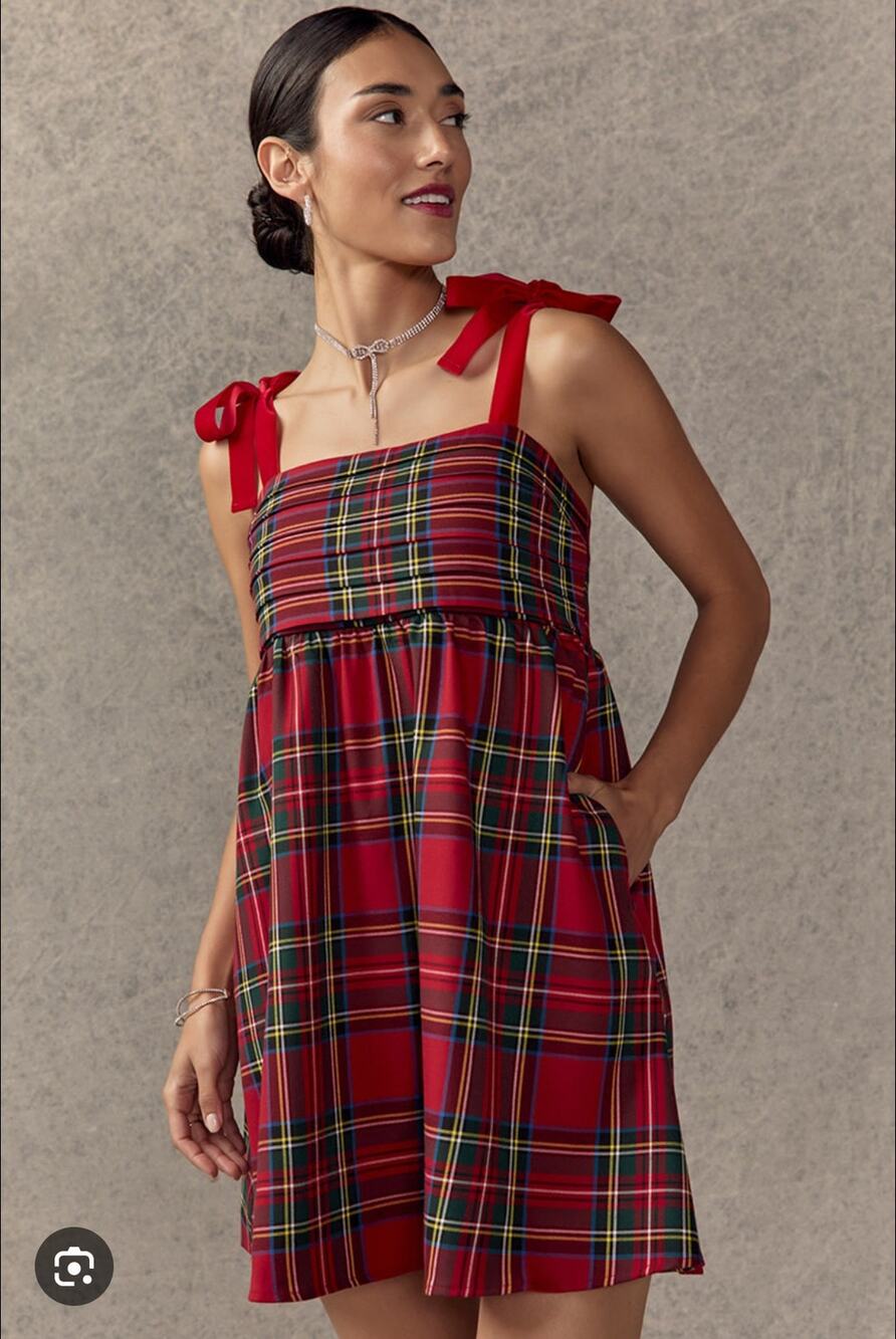 Francesca’s Lorrie Tie-Strap Pleated Mini Dress Size Large NWT Red Plaid Holiday